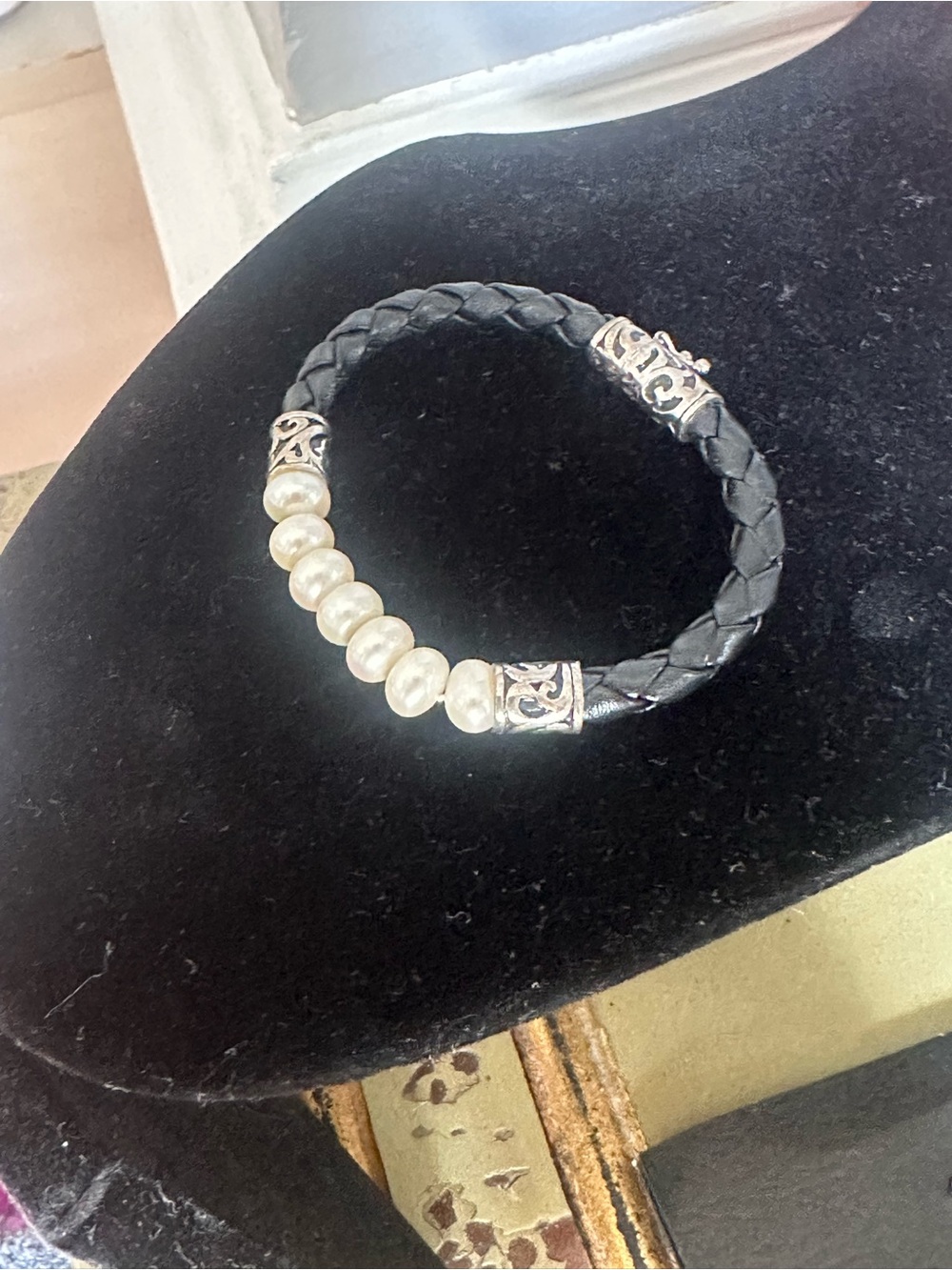 Honora Black Braided Leather Bracelet with White Pearls